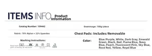 Detailed chart showing 78% nylon fabric specs and 14 color options for sports bras