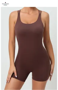 Close-up of chocolate brown slim fit yoga romper with U-neck and thin shoulder straps