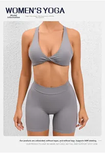 Detail of grey yoga set with twist-front sports bra and high-waist cycling shorts