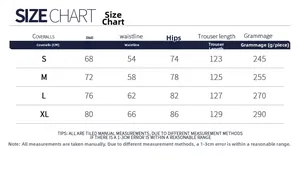 Size chart for athletic yoga jumpsuit showing bust, waist, hips, and length in CM for S to XL