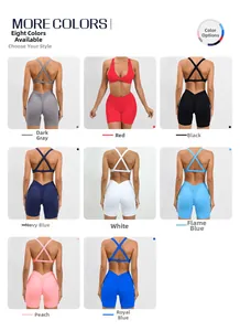 Collage of two-piece yoga sets with cross-back sports bras and V-waist gym shorts in 8 colors