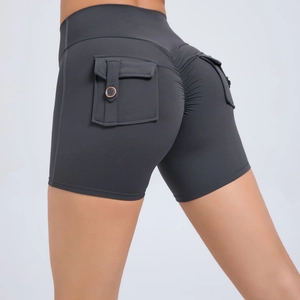 Women High Waist Yoga Shorts Lifting Scrunch Butt Cargo Shorts Nylon Spandex Elastic Fitness Running Shorts With Pockets