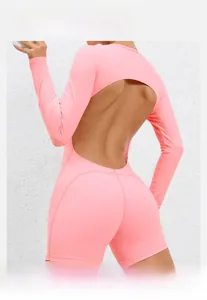 Detailed back view of pink open-back yoga bodysuit showing high elasticity and slim fit