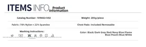 Detailed fabric specs of nylon yoga set with removable pads and color options chart