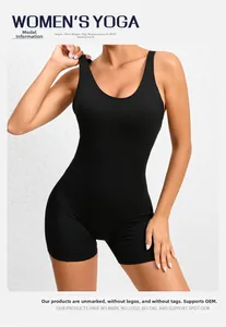 Detail view of the sleek racerback design on a black one-piece yoga bodysuit