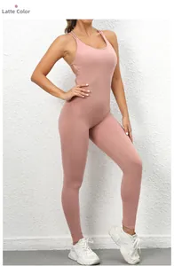Latte color seamless backless yoga jumpsuit with high elasticity and scrunch butt detail