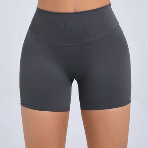 High-waist seamless scrunch butt yoga shorts in dark grey with elastic compression fabric