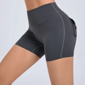 High waist dark grey scrunch butt gym shorts with functional buttoned back pocket