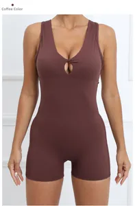 Close-up of coffee brown ruched yoga bodysuit with plunging V-neck and twist detail