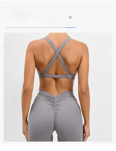 Detail of yoga set showing crossover back straps and scrunch butt lifting leggings