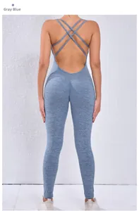 Grey-blue backless yoga jumpsuit with cross straps and scrunch butt lifting detail