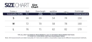 Detailed size chart for women yoga jumpsuit showing bust waist and hip measurements in cm