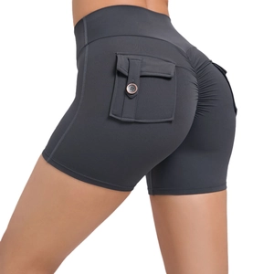 High waist dark grey scrunch butt gym shorts with side utility cargo pocket for women