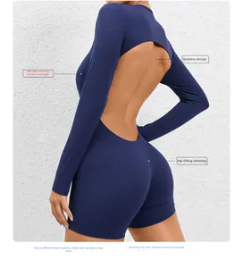 Detail of navy blue backless yoga jumpsuit showing high-stretch fabric and scrunch butt seam
