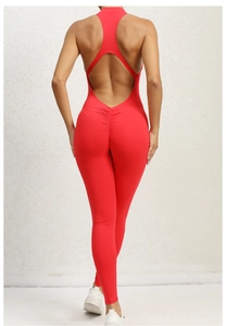 Detail of red backless yoga jumpsuit featuring scrunch-butt design for glute lifting