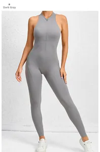 Close-up of dark grey yoga bodysuit featuring front zipper and stand-up collar design