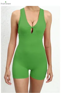 Detail of fruit green V-neck one-piece yoga romper with twisted hollow cutout