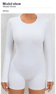 White long sleeve backless bodysuit yoga romper shown on model with slim fit design