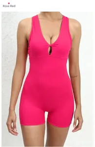 Detailed front view of rose red yoga bodysuit featuring knot cutout design and V-neckline