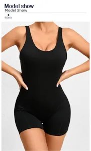 Close-up of a black high-elasticity one-piece yoga bodysuit with sleeveless design