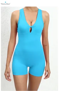 Flame blue one-piece yoga bodysuit with front twist knot detail and hollow-out design