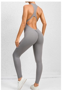 Detail of grey open back yoga jumpsuit with scrunch butt lifting effect and hollow design