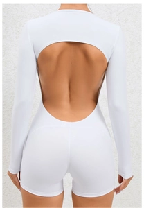 Close-up of the backless design on this white high-elastic yoga bodysuit for fitness