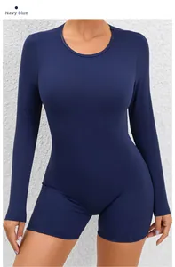 Detail view of the navy blue tight-fit yoga bodysuit with long sleeves and high elasticity