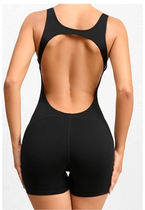 Detailed back view of a black high-stretch one-piece yoga bodysuit with U-shaped open back
