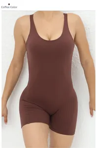 Close-up of coffee brown yoga bodysuit featuring a U-neckline and slim straps design