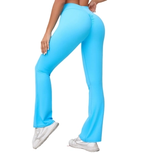 Pantaloni yoga a zampa blu chiaro a vita alta con effetto push-up per il fitness