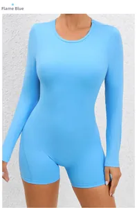 Close-up of sky blue high-stretch yoga bodysuit showing long sleeves and slim fit