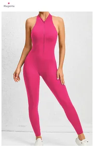 Detail of rose red sleeveless yoga jumpsuit featuring front half zipper and halter neck