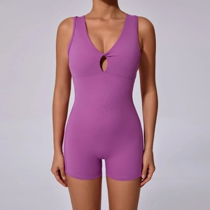 Purple V-neck scrunch butt yoga bodysuit with cutout detail for women sports wear