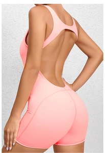 Detailed back view of pink yoga jumpsuit showing open back cutout and premium stitching