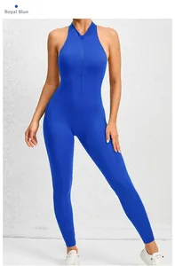 Detailed view of the royal blue yoga bodysuit featuring a front zipper and cutout back