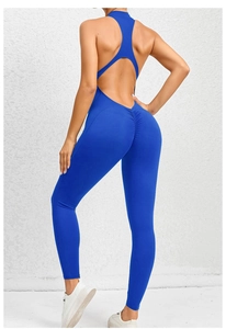 Detail of royal blue backless yoga jumpsuit with racerback and ruched butt lifting design