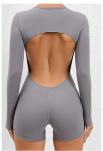 Detail shot of the backless design and high-elastic grey yoga bodysuit fabric texture