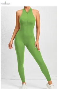 Fruit green one-piece yoga jumpsuit with front zipper and halter neck design for fitness