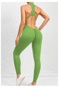 Detail of green yoga jumpsuit featuring a racerback cutout and scrunch butt design