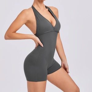 Tight deep V-neck backless yoga jumpsuit for women in dark gray high stretch fabric