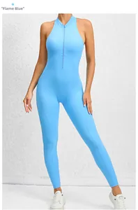 Detailed view of the front zipper on the sleek sky blue one-piece yoga jumpsuit