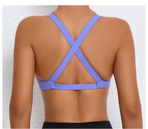 Detailed back view of purple sports bra with criss-cross X-back straps and elastic hem