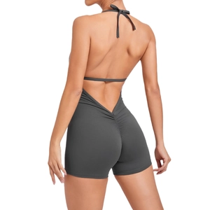 Dark grey backless yoga bodysuit with cross straps and scrunch butt lifting design