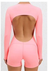 Detailed back view of a pink backless yoga bodysuit with elegant cutout design