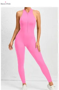 Close-up of fluorescent pink yoga bodysuit with front zipper and hollow-back detail