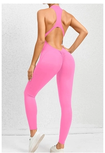 Detailed back view of pink yoga jumpsuit with hollow back and butt lifting scrunch seam