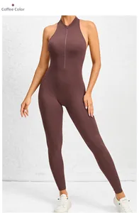 Detail of coffee brown one-piece yoga jumpsuit with front zipper and halter neck