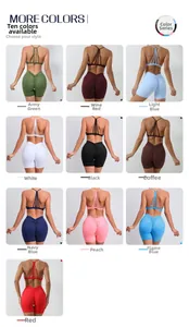 Detail view of quick-dry yoga set showing cross-back sports bra and scrunch shorts in 10 colors