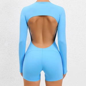 Light blue backless long sleeve yoga bodysuit with cutout back and high elasticity